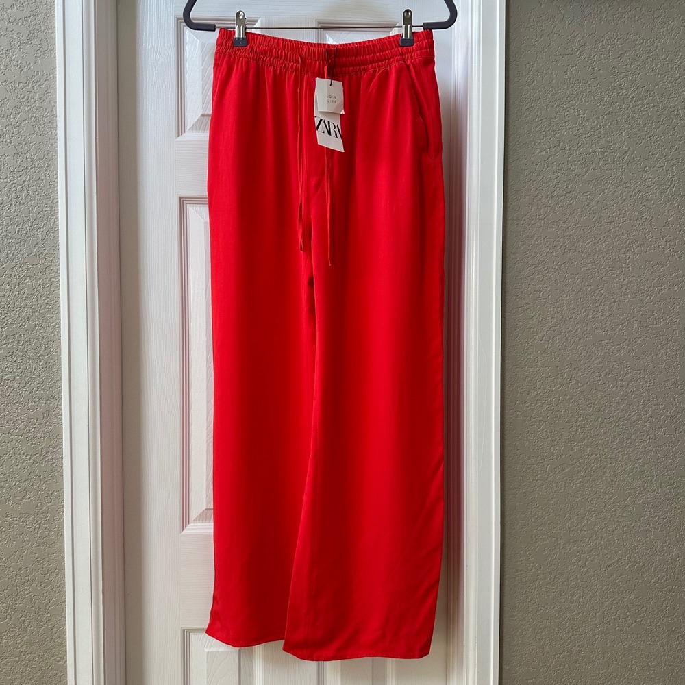 Zara Wide Leg Flowy Pull-on Drawcord Waist Pants Red Orange Size Medium NWT‎